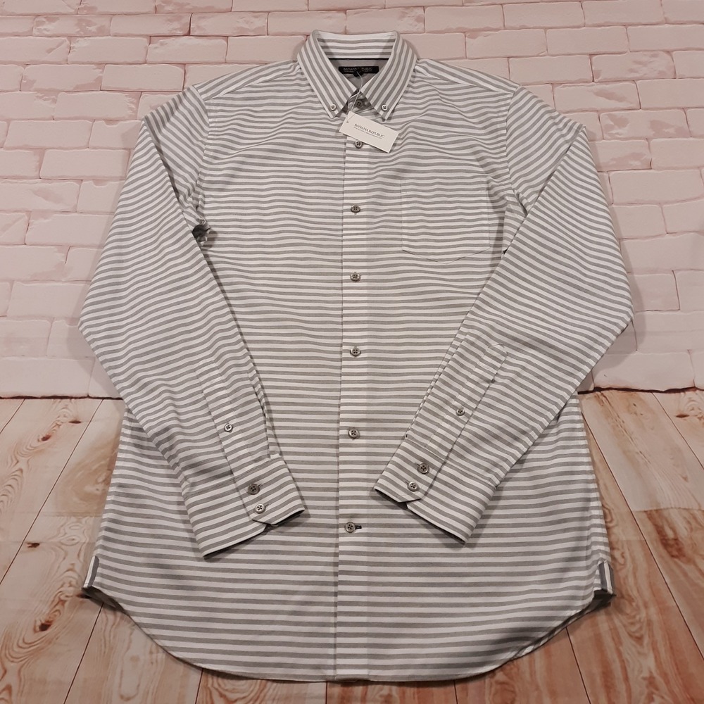 Banana Republic Non-Iron Shirt Mens Size Large Tall Slim‎ Fit Gray Striped NEW - Picture 2 of 11